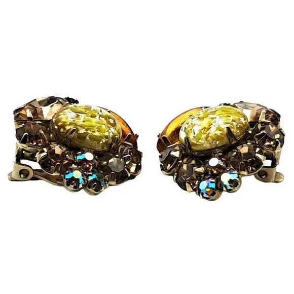 Yellow Foil Art Glass Rhinestone Earrings Autumn Colors Vintage Costume Jewelry - Picture 4 of 8
